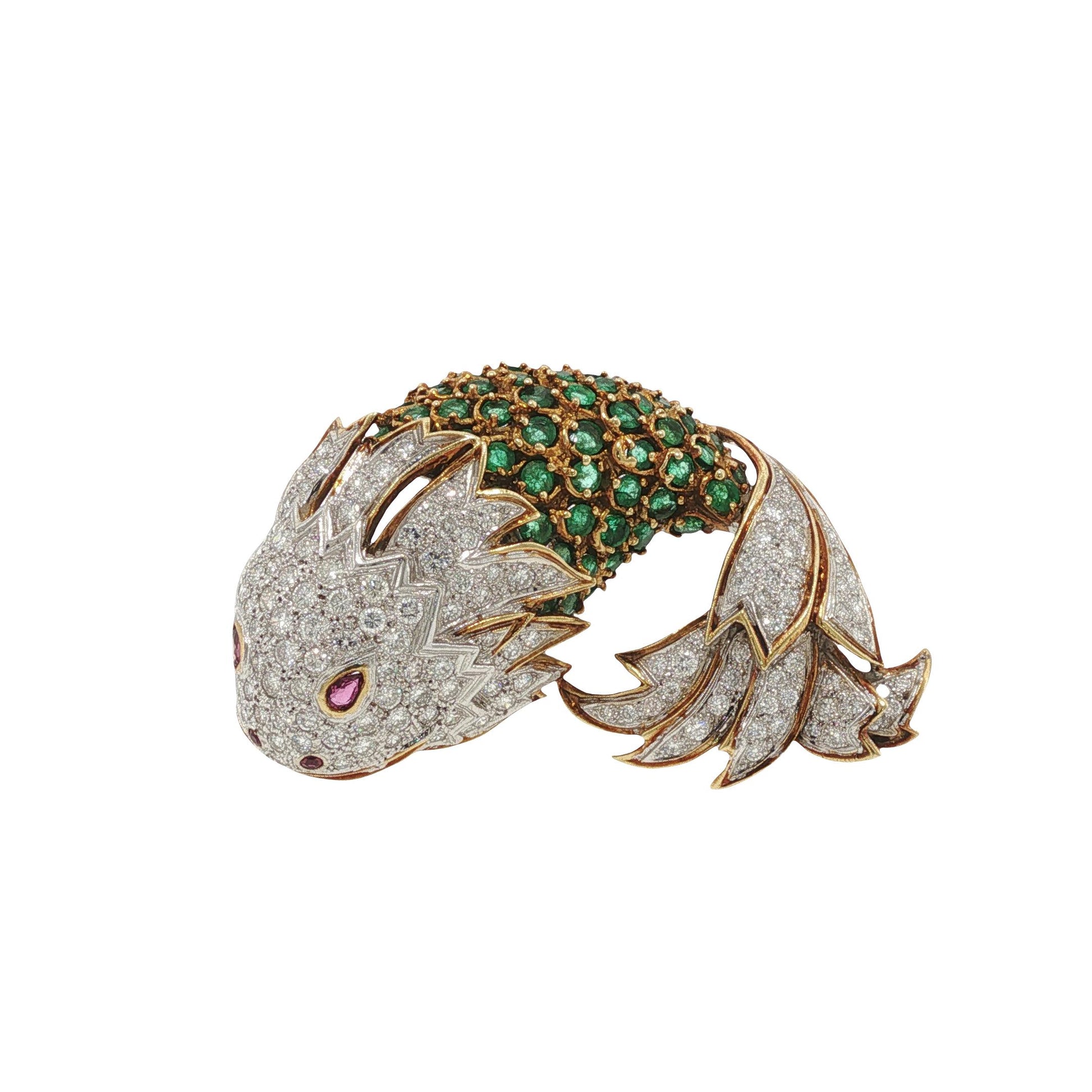 La Triomphe 18K Gold Diamond Emerald Ruby Fish Brooch Pin