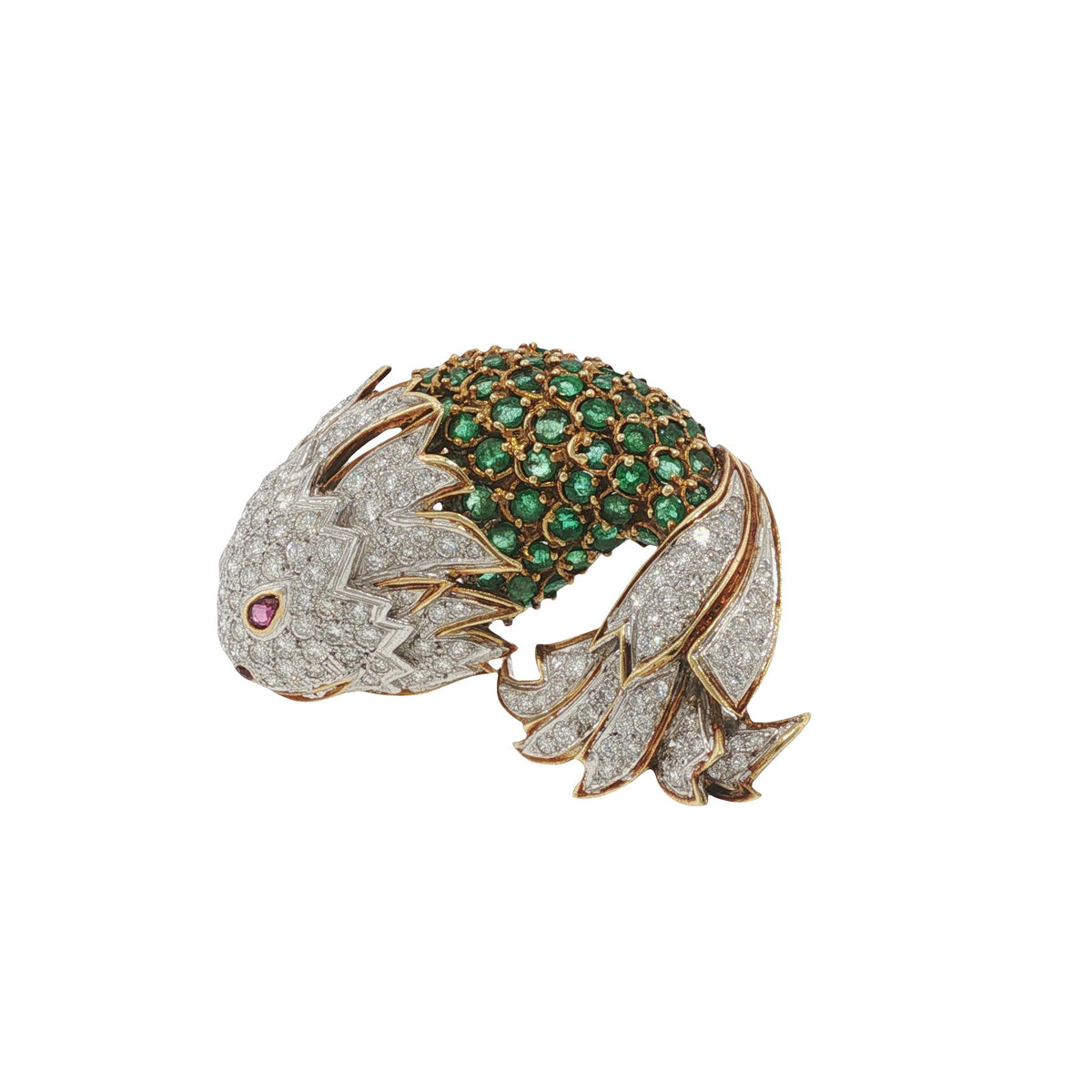 La Triomphe 18K Gold Diamond Emerald Ruby Fish Brooch Pin