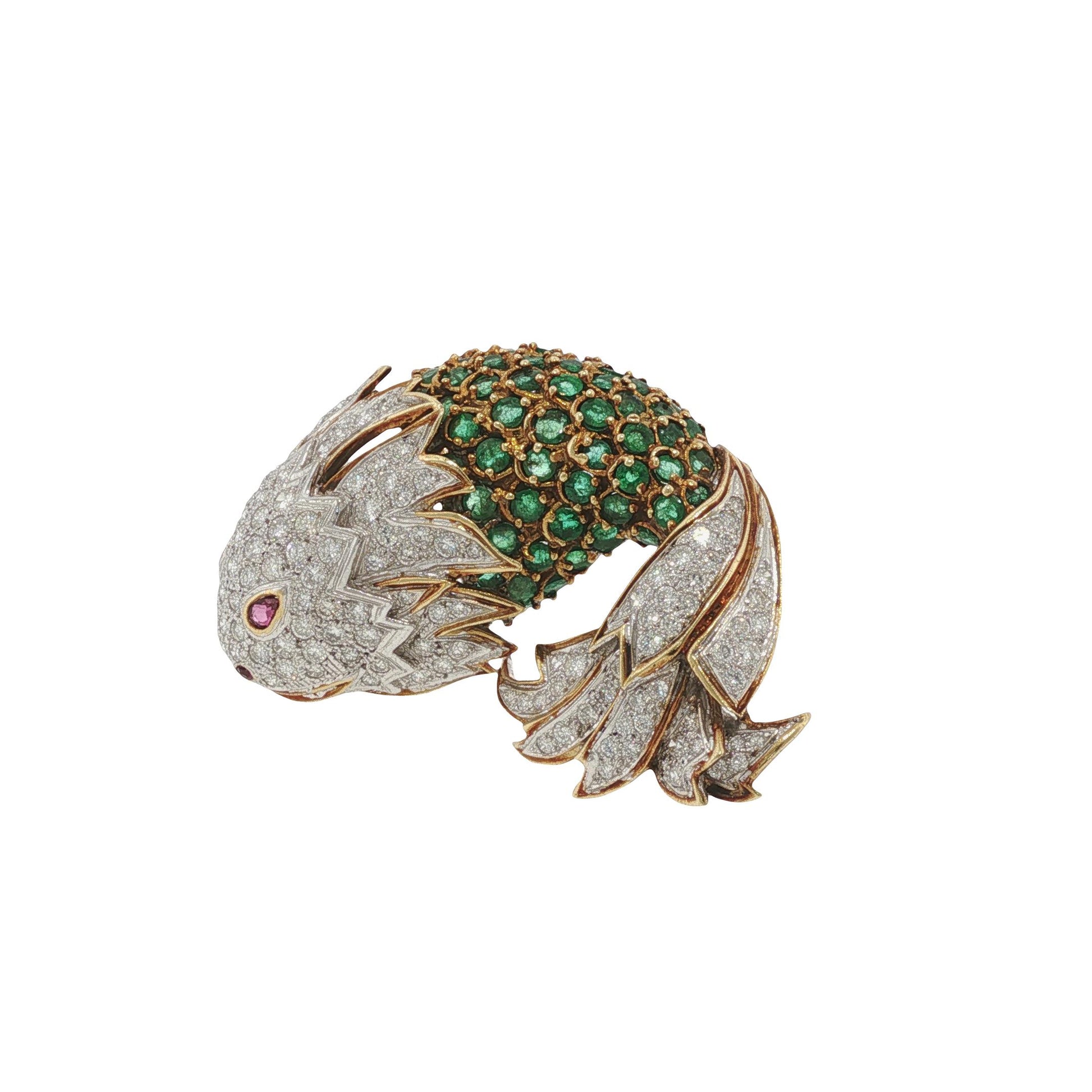 La Triomphe 18K Gold Diamond Emerald Ruby Fish Brooch Pin