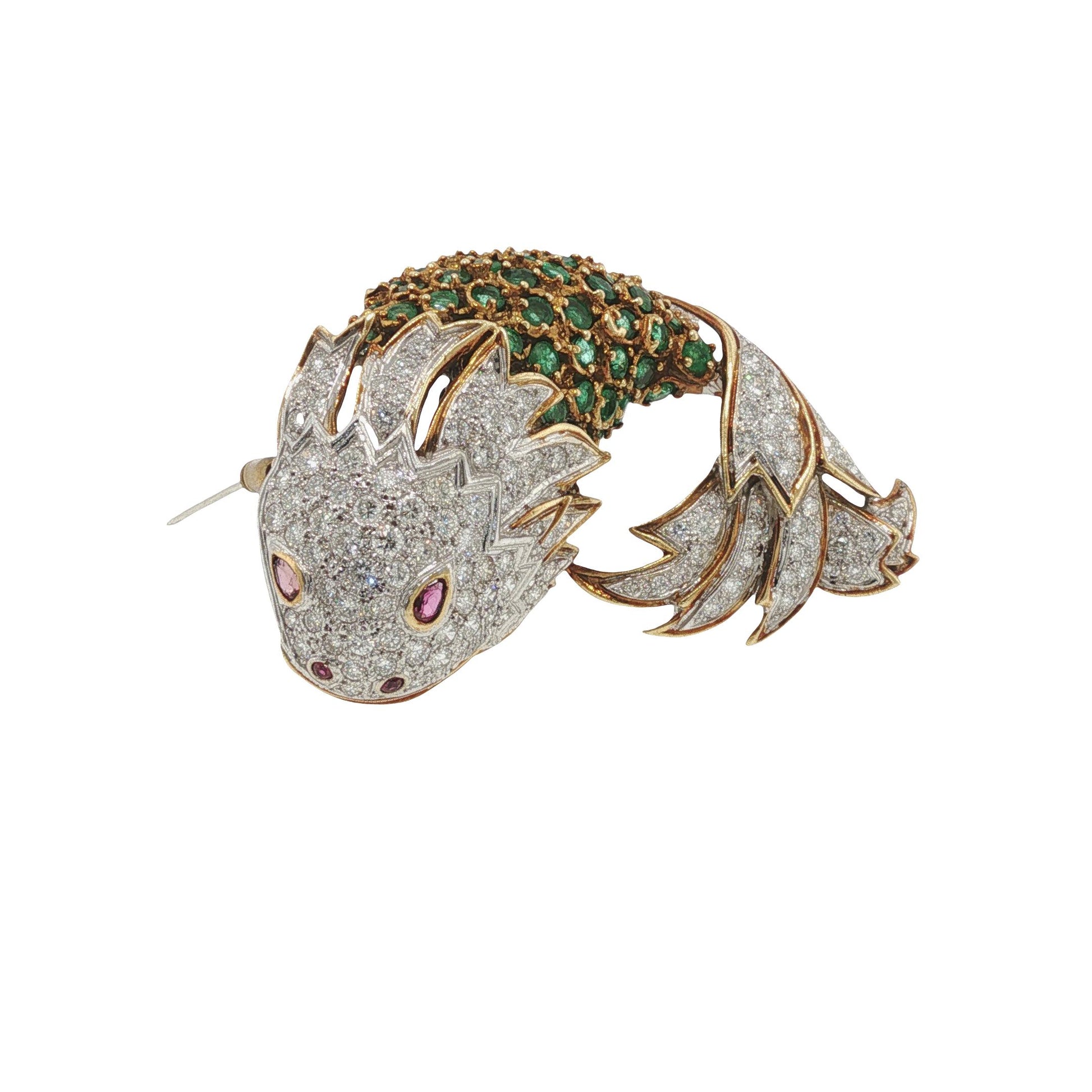 La Triomphe 18K Gold Diamond Emerald Ruby Fish Brooch Pin