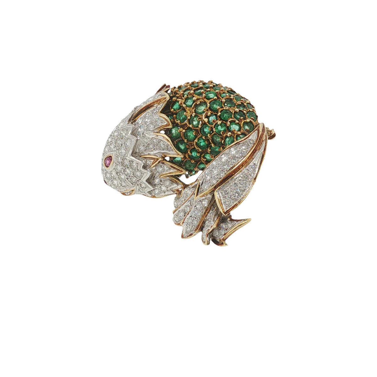 La Triomphe 18K Gold Diamond Emerald Ruby Fish Brooch Pin