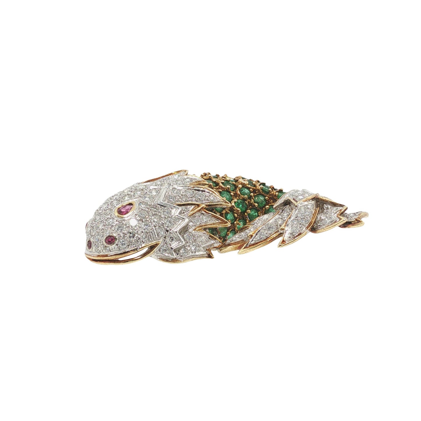 La Triomphe 18K Gold Diamond Emerald Ruby Fish Brooch Pin