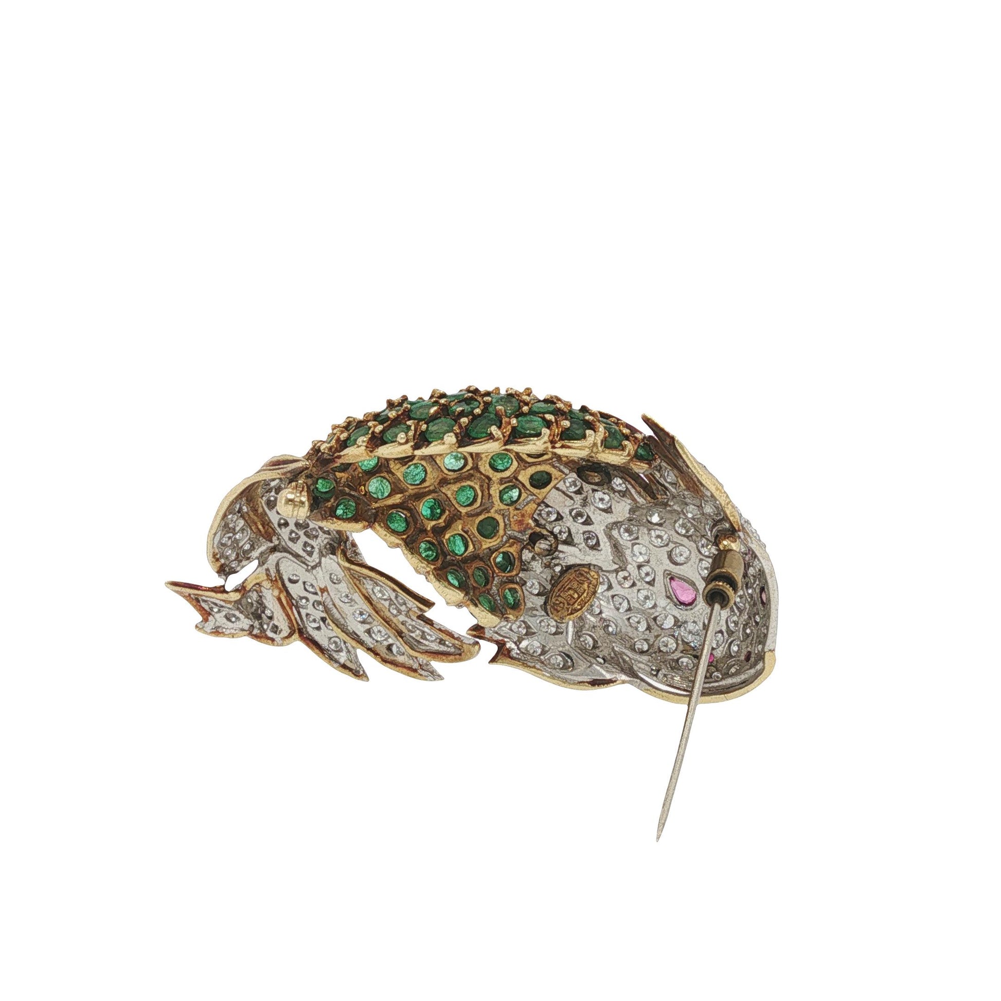 La Triomphe 18K Gold Diamond Emerald Ruby Fish Brooch Pin