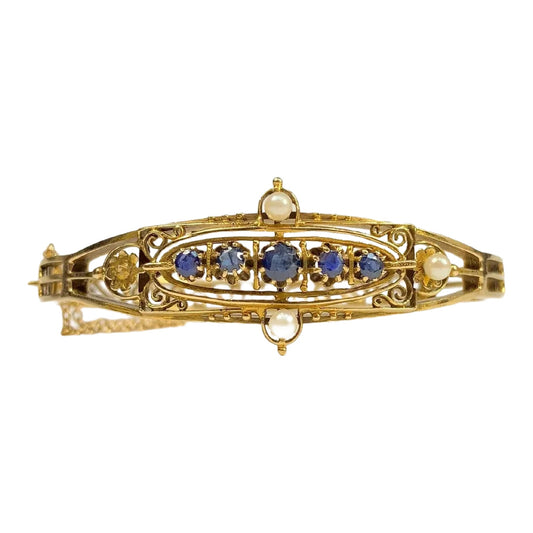 Vintage 14k Gold Sapphire & Pearl Cuff Bracelet