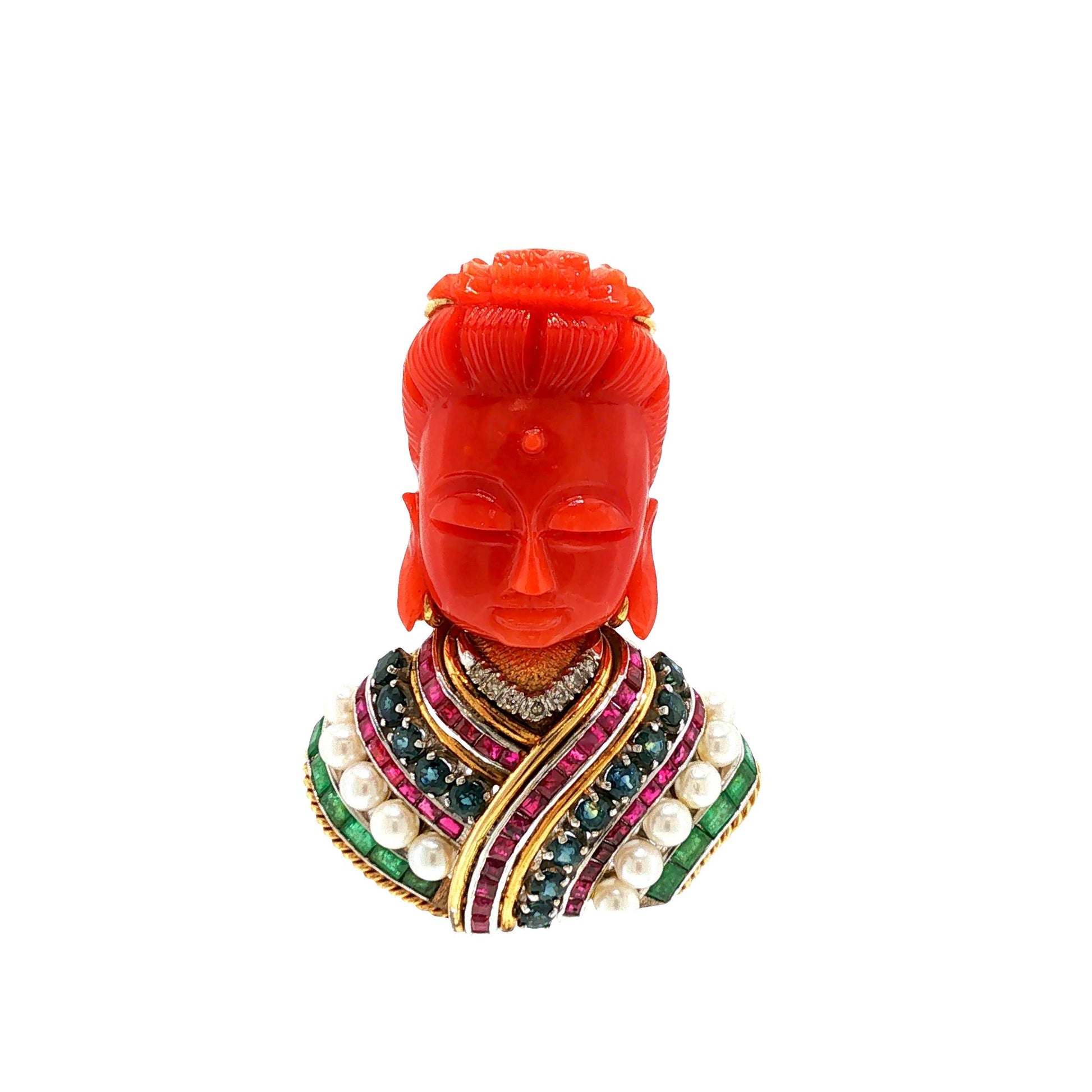18K Gold Carved Coral Buddha, Multi-Gemstone & Diamond Brooch Pendant