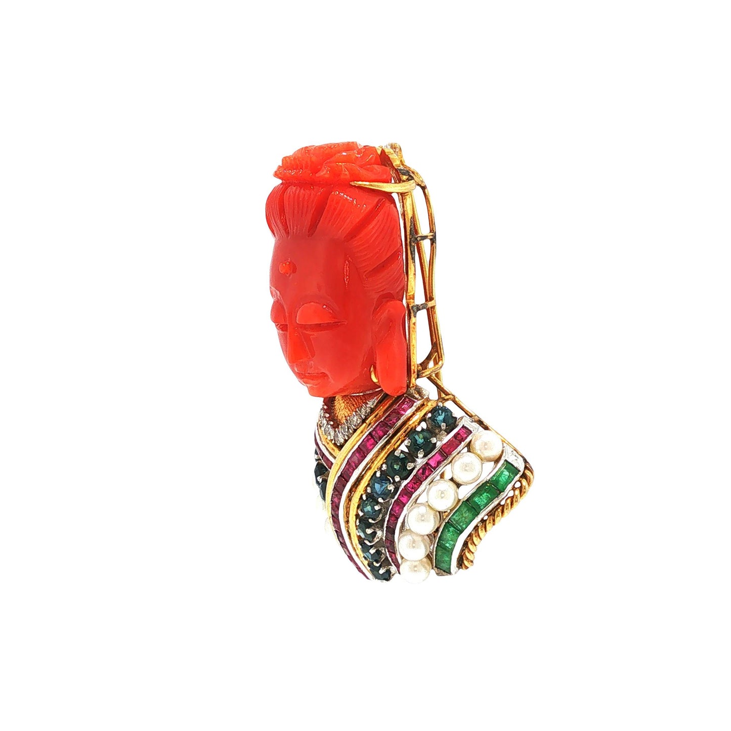 18K Gold Carved Coral Buddha, Multi-Gemstone & Diamond Brooch Pendant