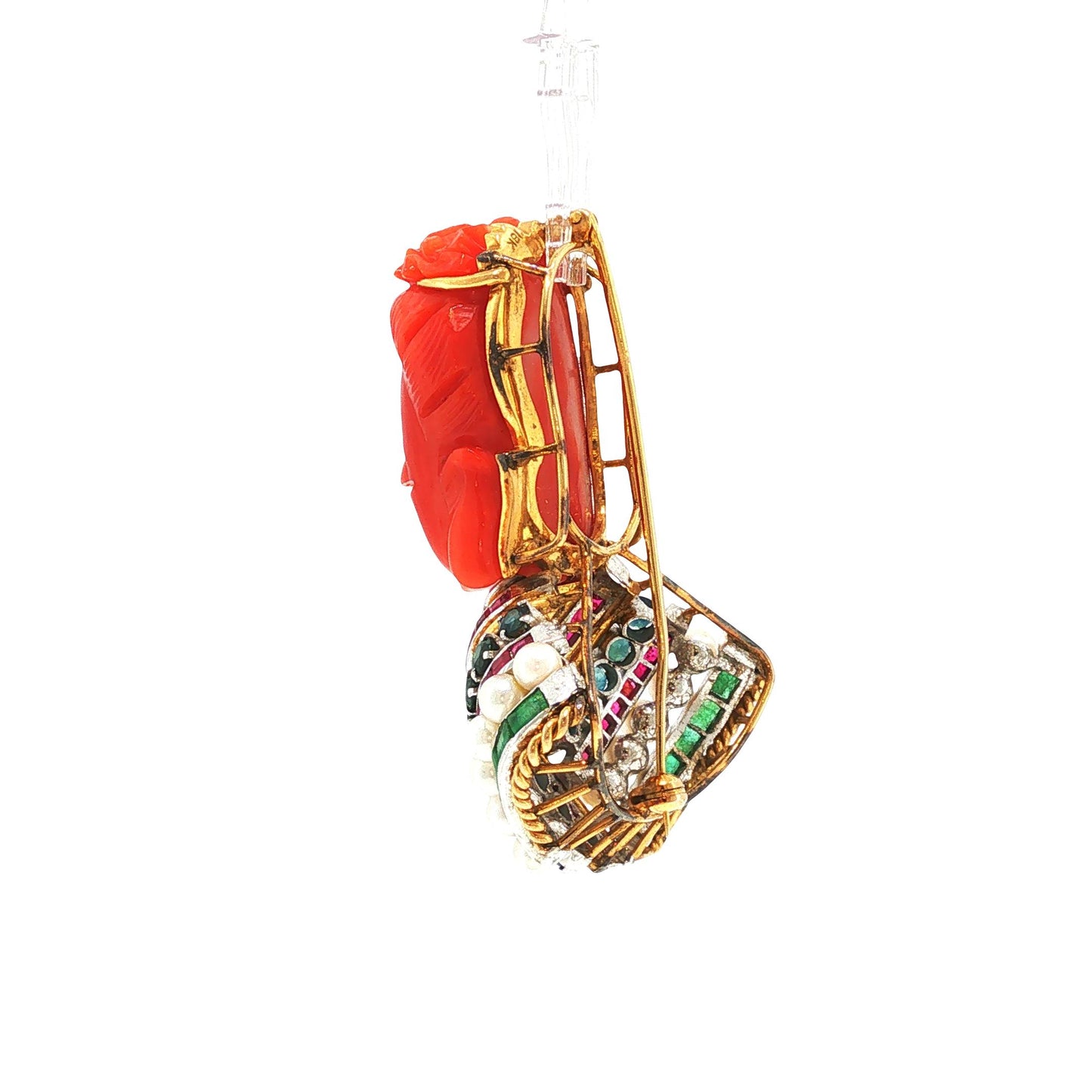 18K Gold Carved Coral Buddha, Multi-Gemstone & Diamond Brooch Pendant