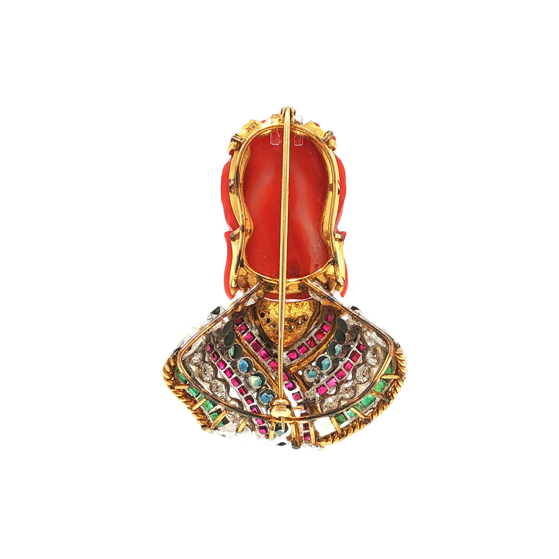 18K Gold Carved Coral Buddha, Multi-Gemstone & Diamond Brooch Pendant