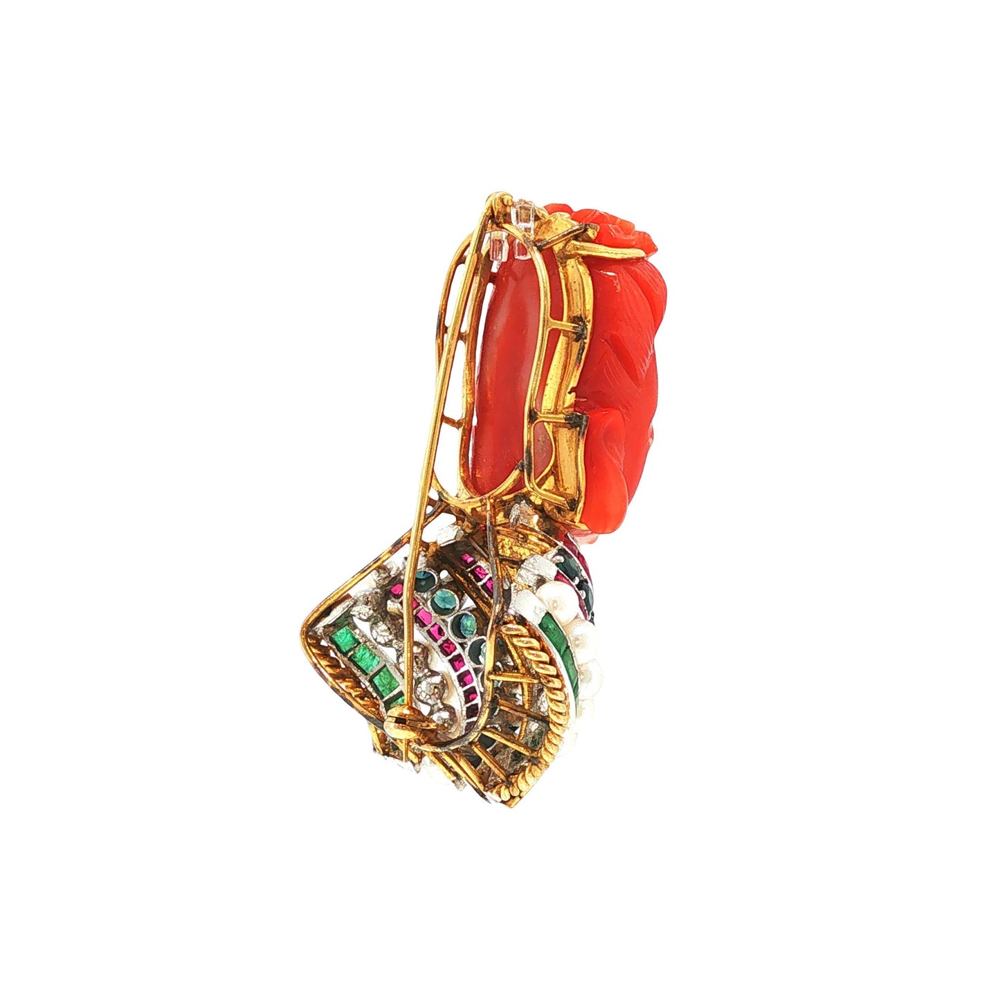 18K Gold Carved Coral Buddha, Multi-Gemstone & Diamond Brooch Pendant