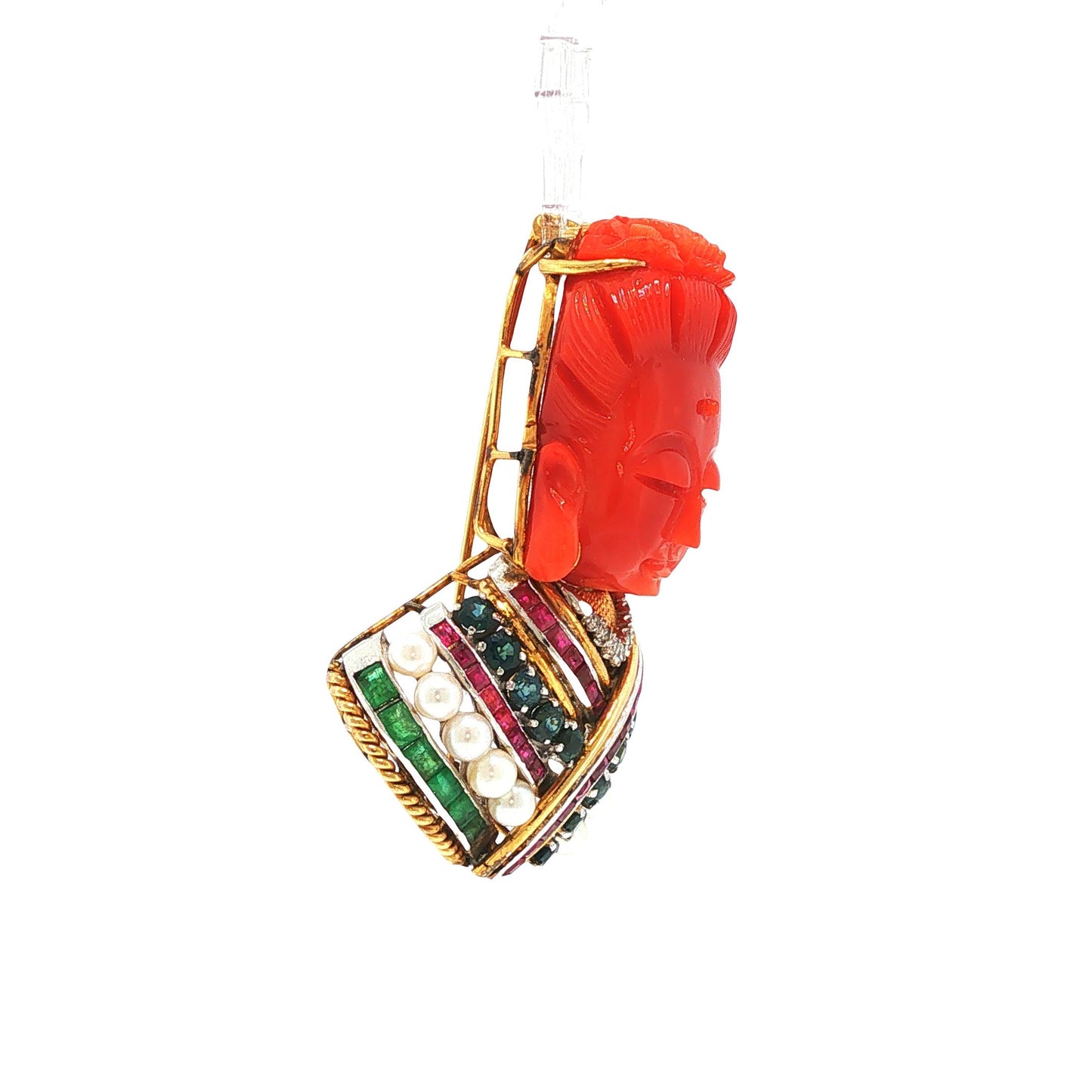 18K Gold Carved Coral Buddha, Multi-Gemstone & Diamond Brooch Pendant