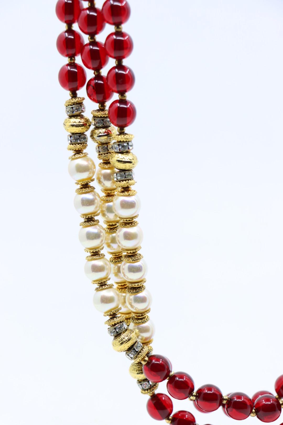 Vintage Signed Italian Designer Ellelle Red Bead Faux Pearl Necklace