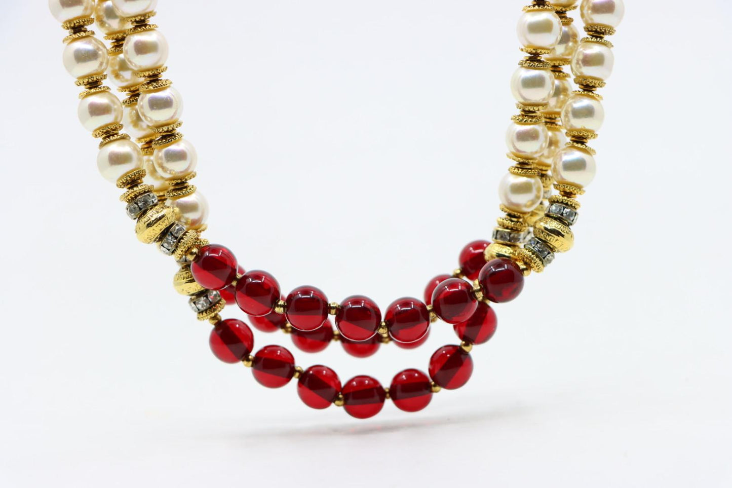 Vintage Signed Italian Designer Ellelle Red Bead Faux Pearl Necklace