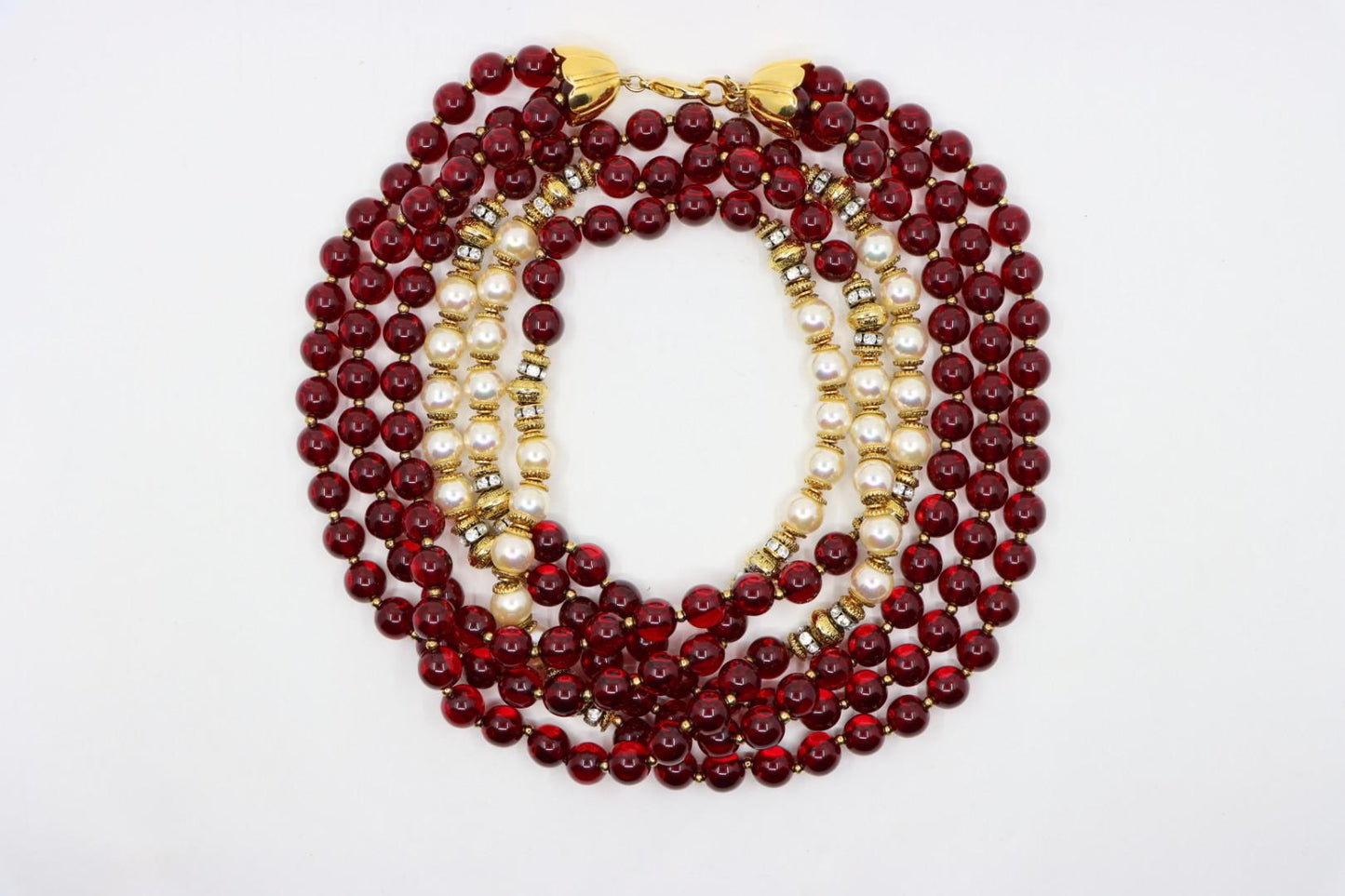 Vintage Signed Italian Designer Ellelle Red Bead Faux Pearl Necklace