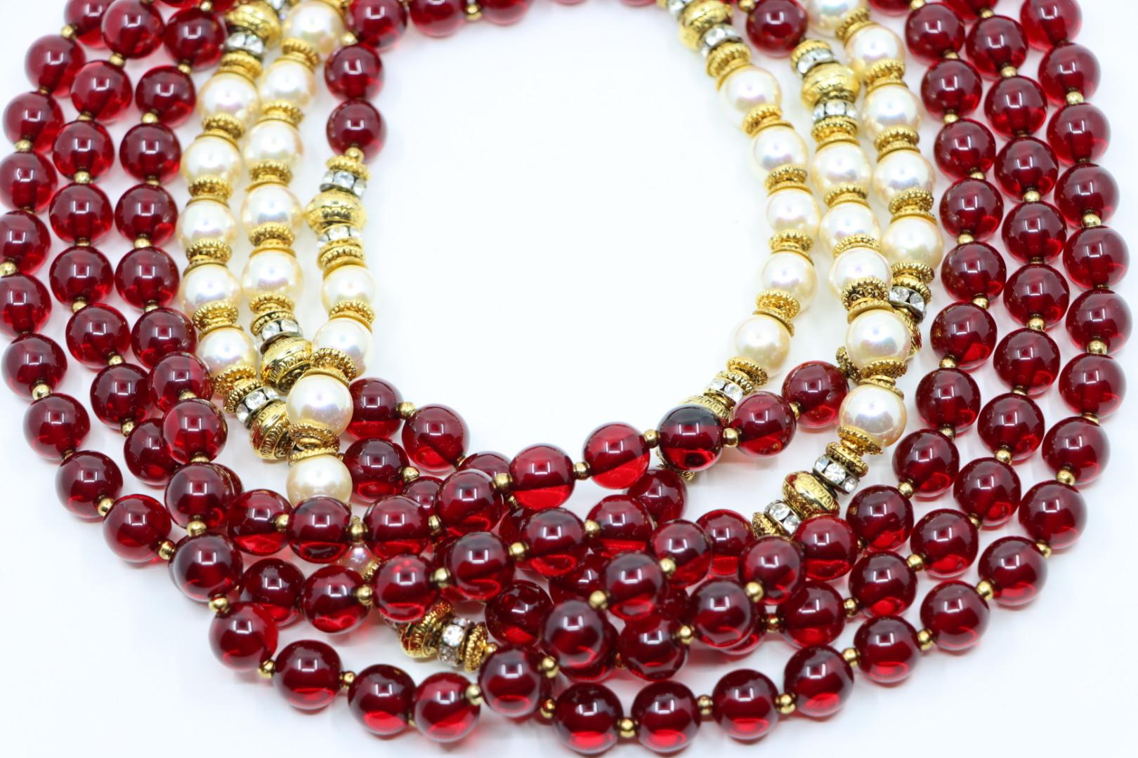 Vintage Signed Italian Designer Ellelle Red Bead Faux Pearl Necklace