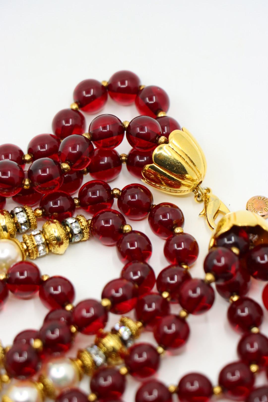 Vintage Signed Italian Designer Ellelle Red Bead Faux Pearl Necklace