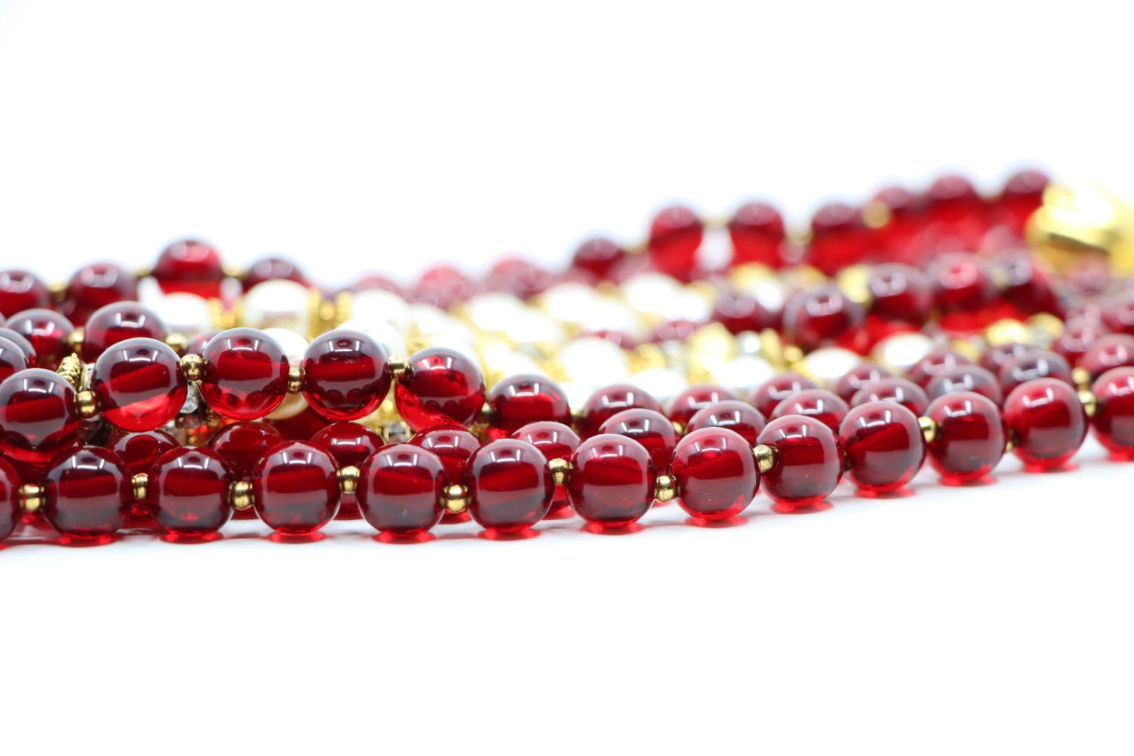 Vintage Signed Italian Designer Ellelle Red Bead Faux Pearl Necklace