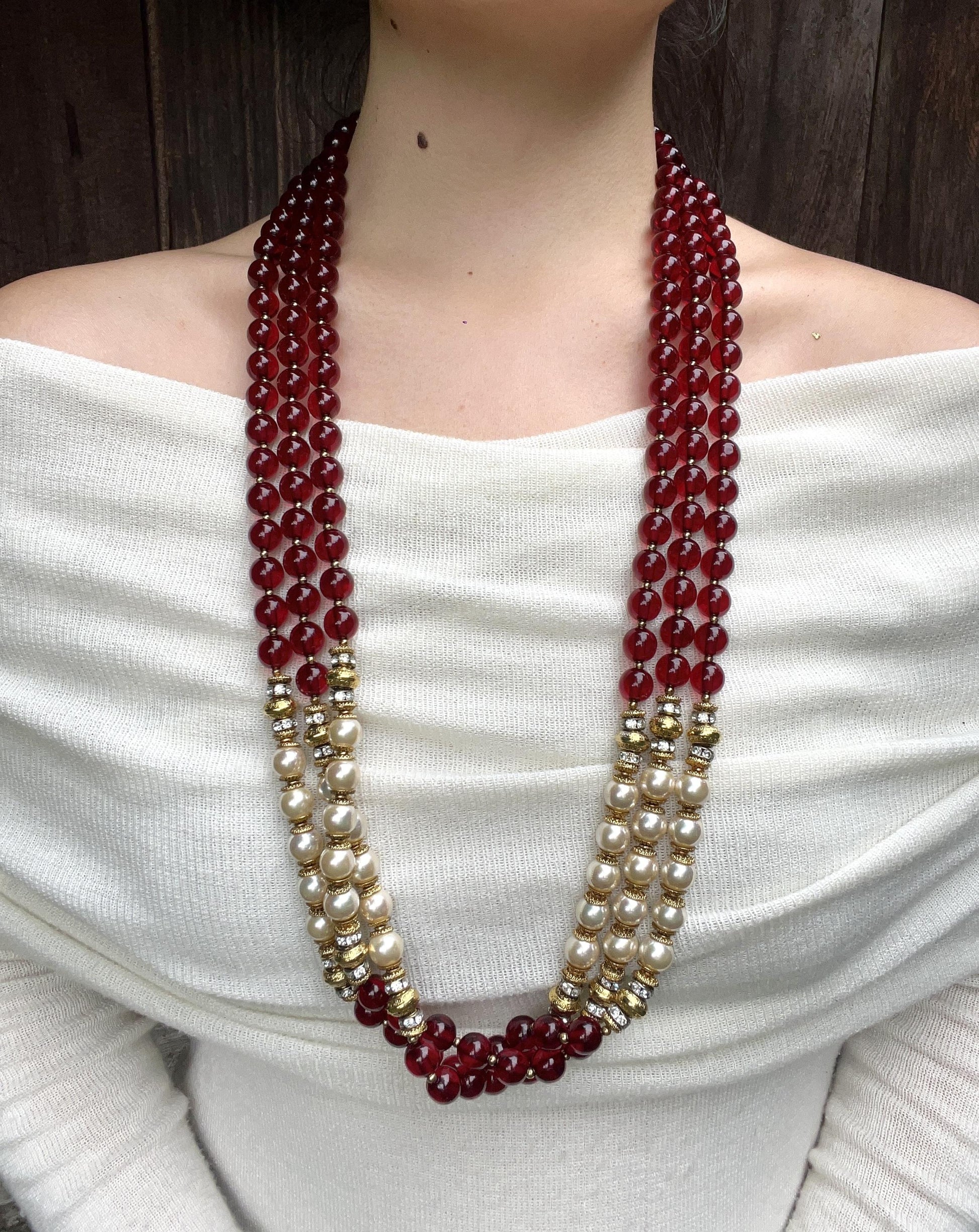 Vintage Signed Italian Designer Ellelle Red Bead Faux Pearl Necklace