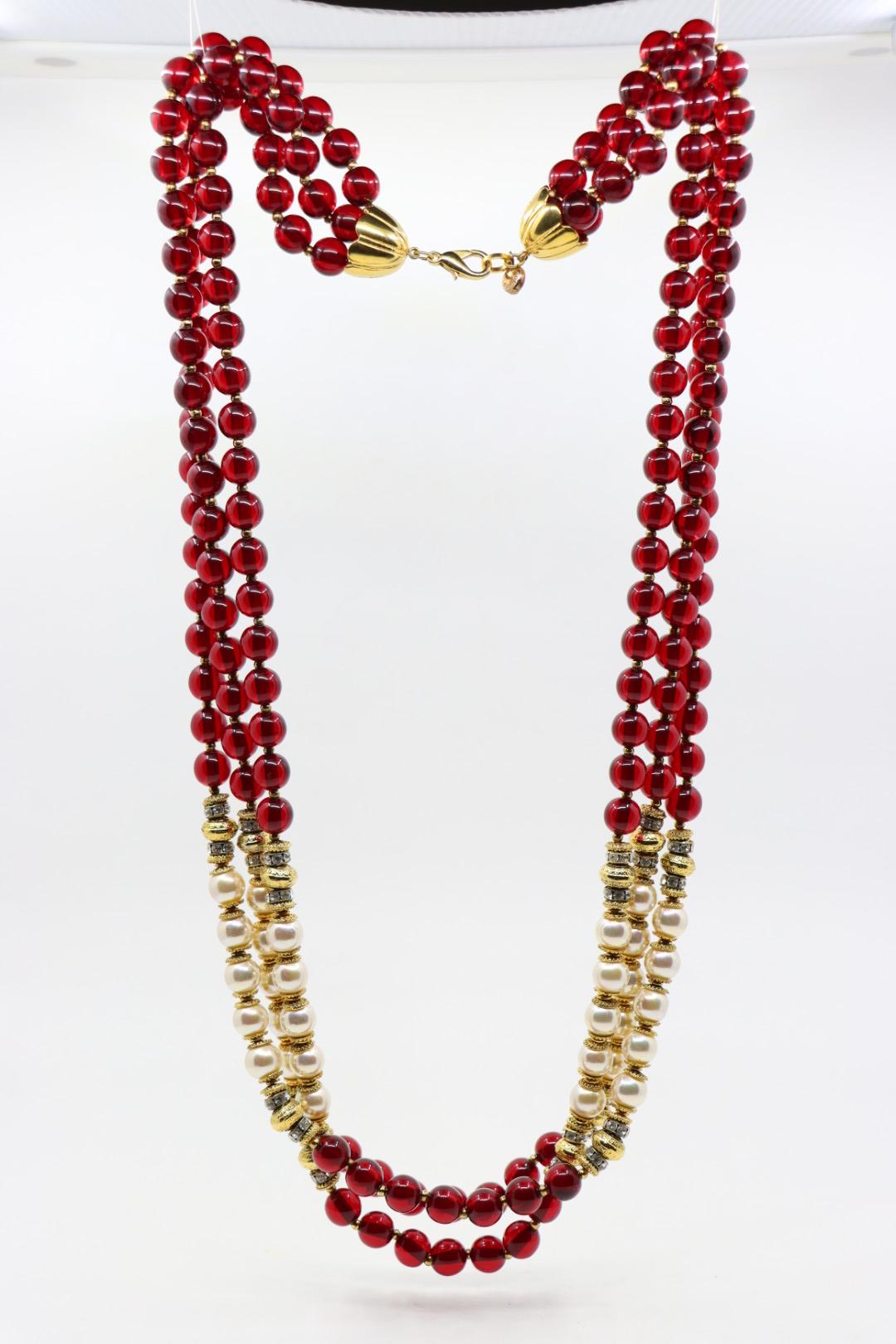 Vintage Signed Italian Designer Ellelle Red Bead Faux Pearl Necklace