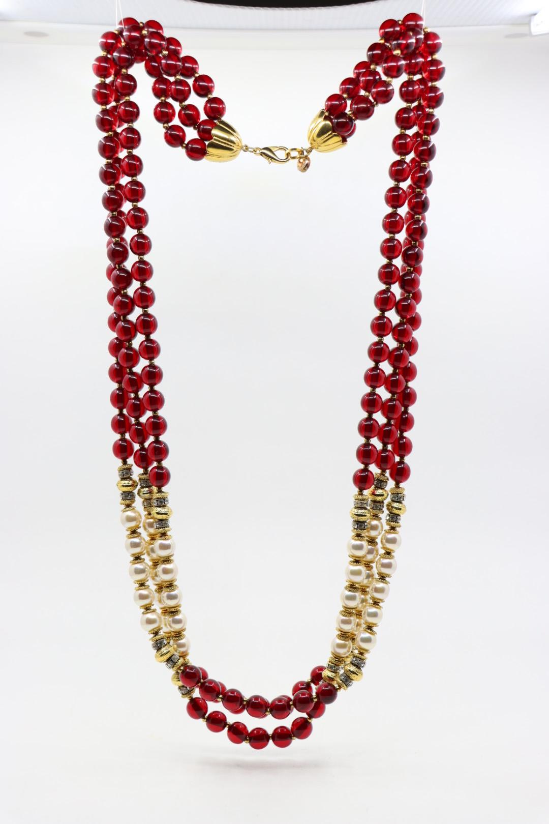 Vintage Signed Italian Designer Ellelle Red Bead Faux Pearl Necklace