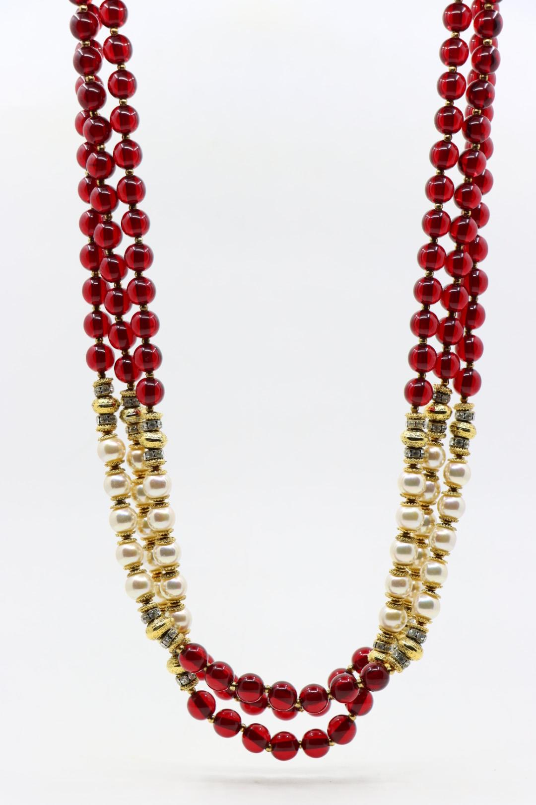 Vintage Signed Italian Designer Ellelle Red Bead Faux Pearl Necklace