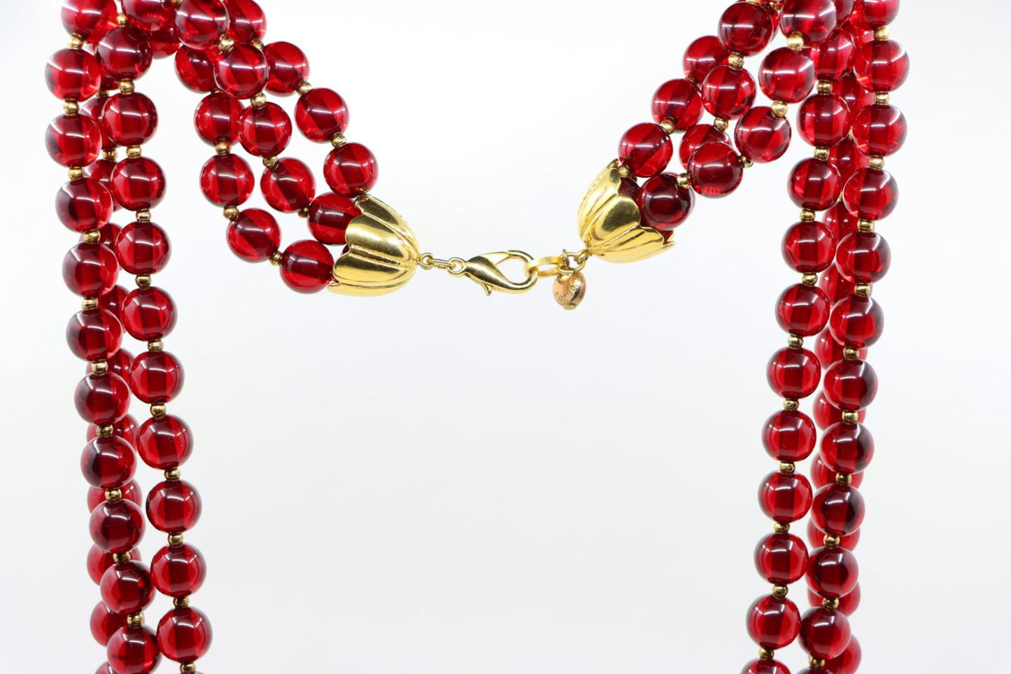 Vintage Signed Italian Designer Ellelle Red Bead Faux Pearl Necklace