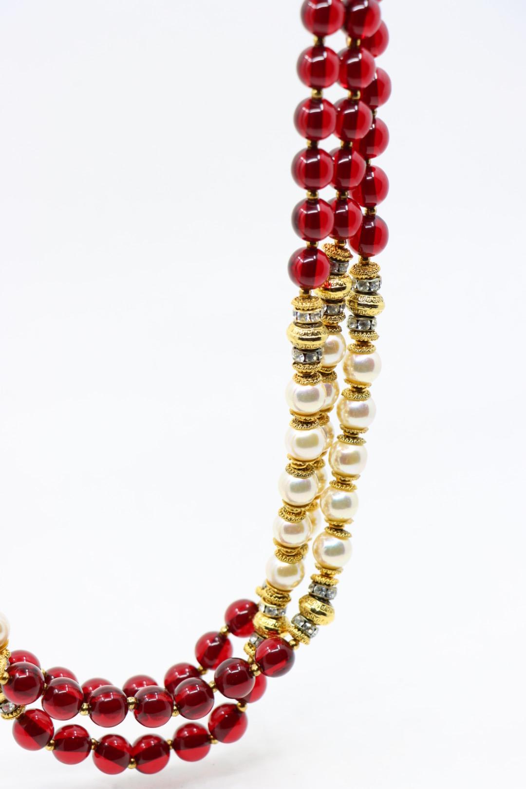 Vintage Signed Italian Designer Ellelle Red Bead Faux Pearl Necklace