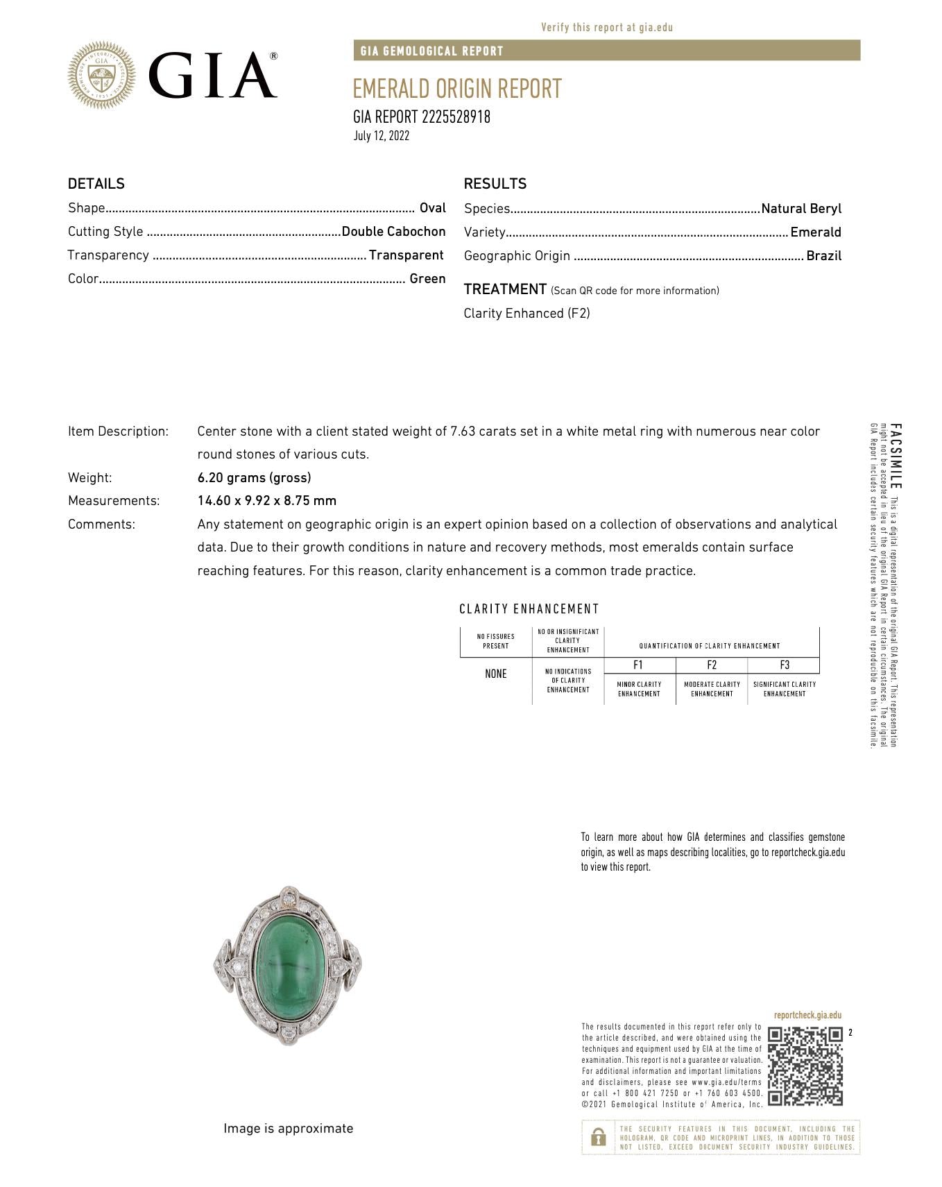 Mid-Century GIA Certified Emerald Cabochon Platinum Ring