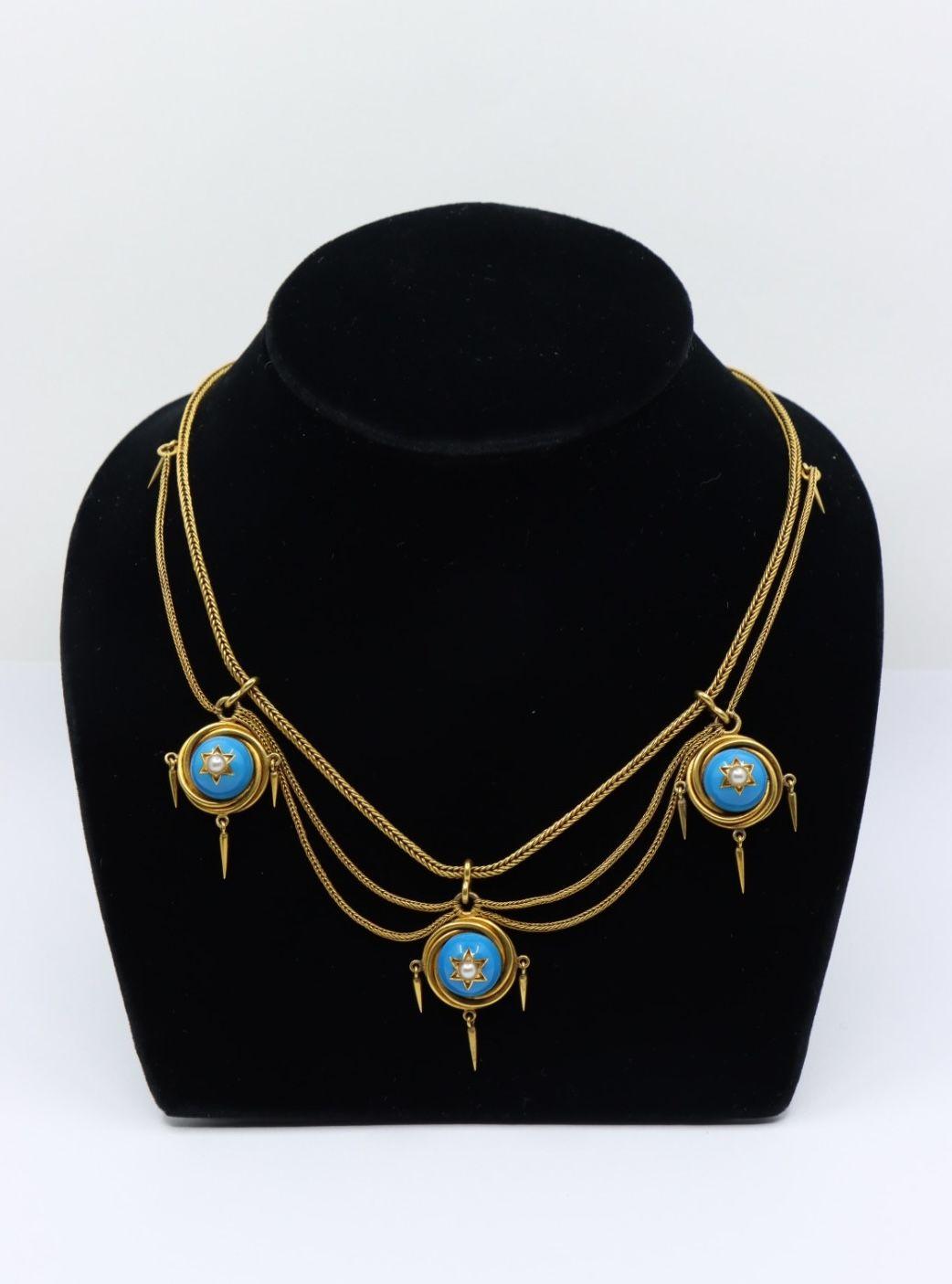 Victorian 18K Gold Turquoise Pearl Necklace