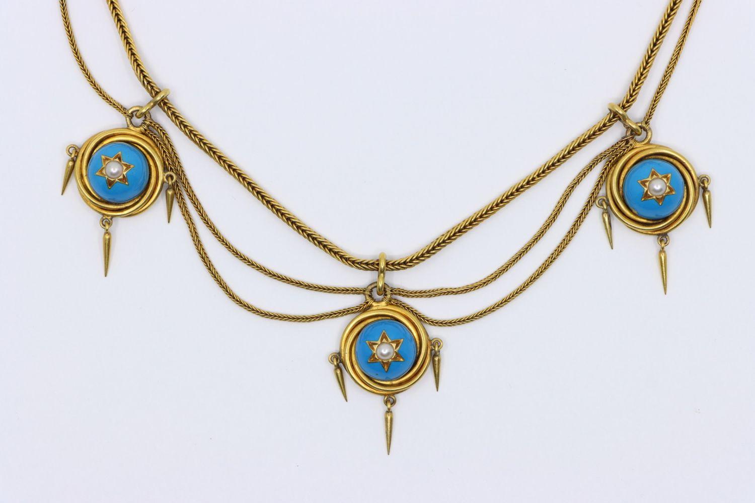 Victorian 18K Gold Turquoise Pearl Necklace