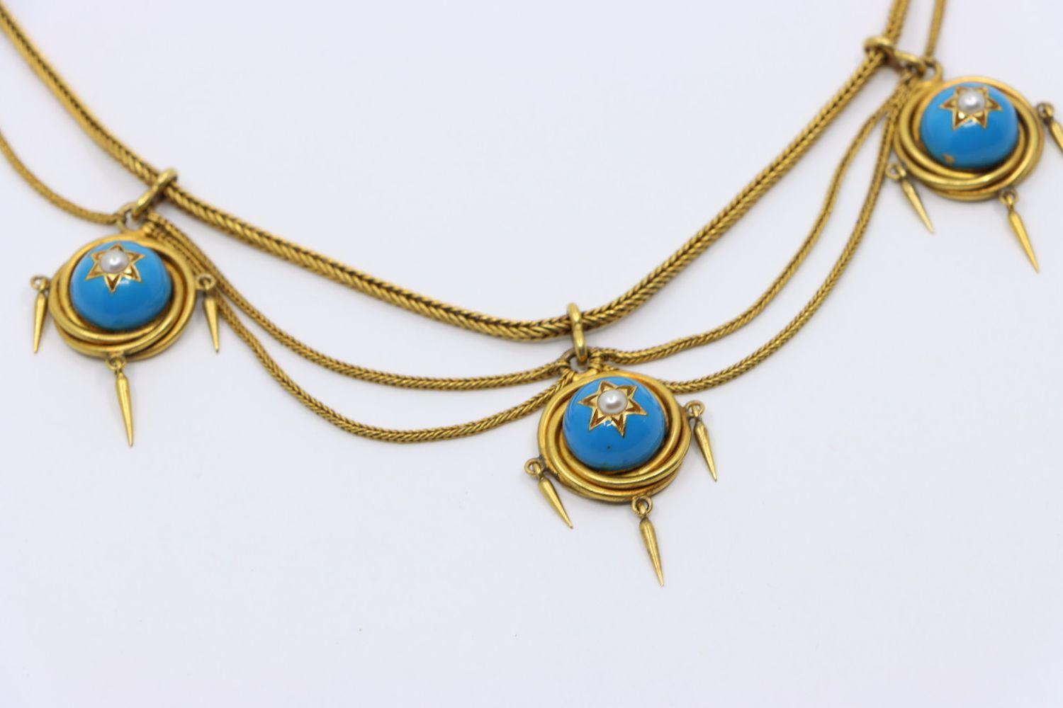 Victorian 18K Gold Turquoise Pearl Necklace