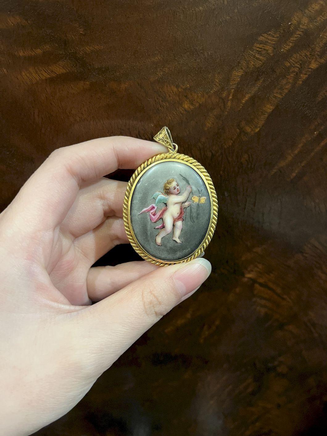 18K Sevres Porcelain Angel Locket Pendant