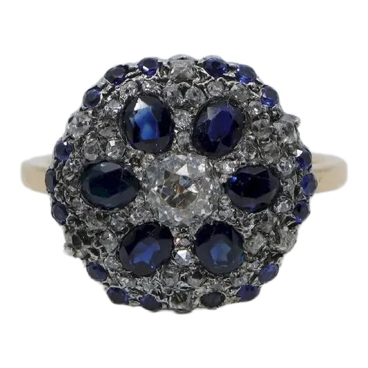 Antique 14K Gold Sapphire Diamond Flower Ring