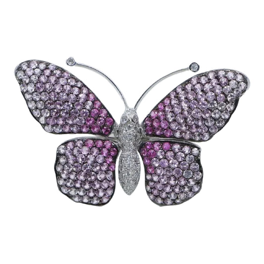 Vintage 18K White Gold Pink Sapphire Diamond Butterfly Brooch Pin