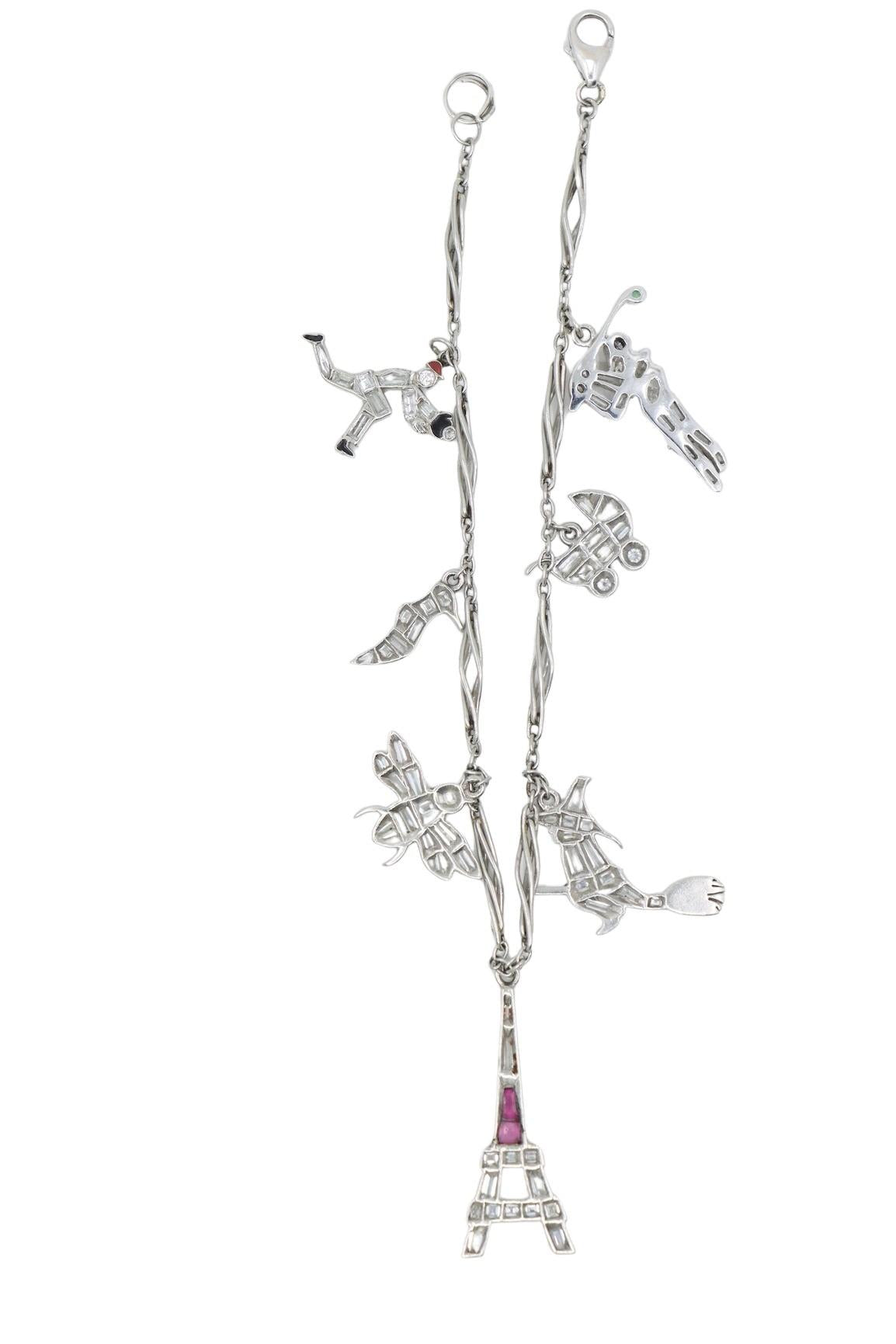 Art Deco Platinum Ruby Diamond Charm Bracelet