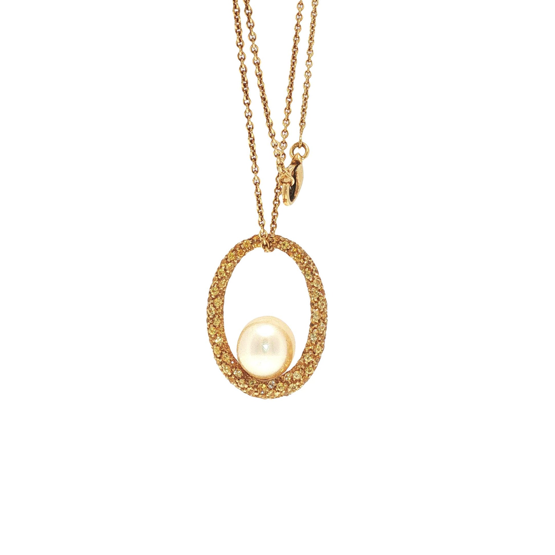 Italian 18K Gold Yellow Gemstone & Cultured Pearl Pendant Necklace