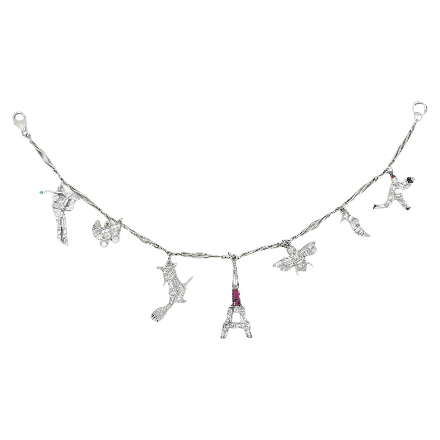 Art Deco Platinum Ruby Diamond Charm Bracelet