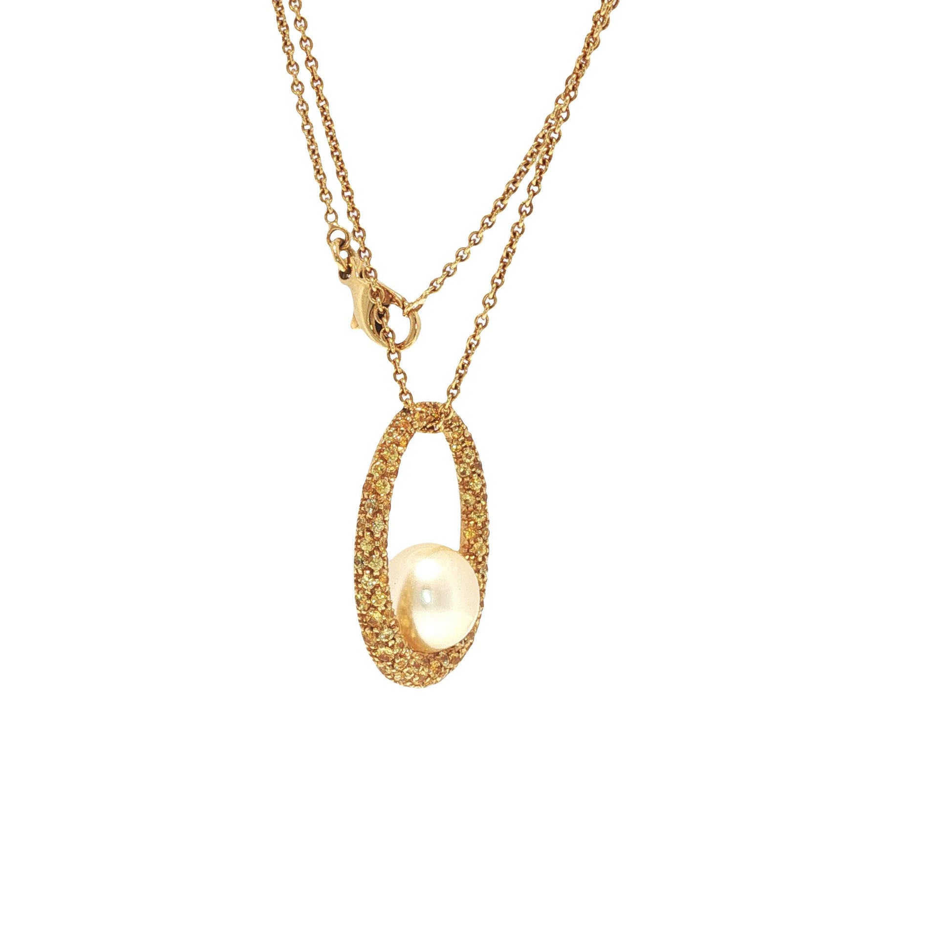Italian 18K Gold Yellow Gemstone & Cultured Pearl Pendant Necklace