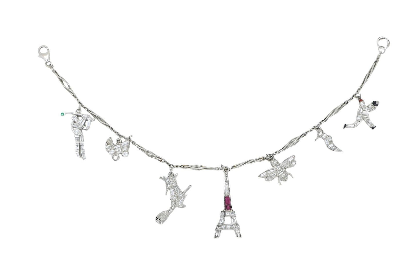 Art Deco Platinum Ruby Diamond Charm Bracelet