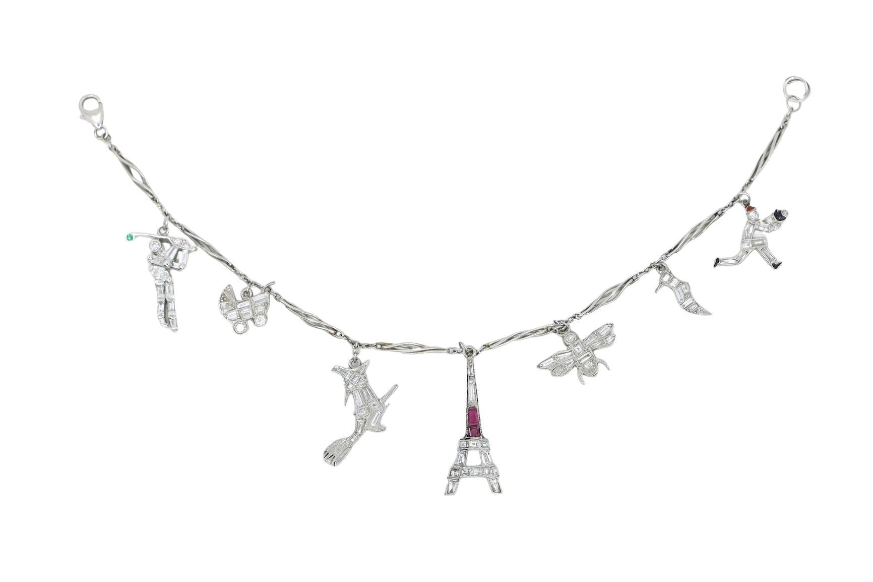 Art Deco Platinum Ruby Diamond Charm Bracelet