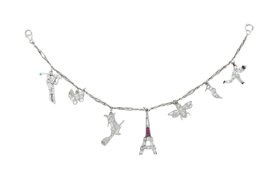 Art Deco Platinum Ruby Diamond Charm Bracelet