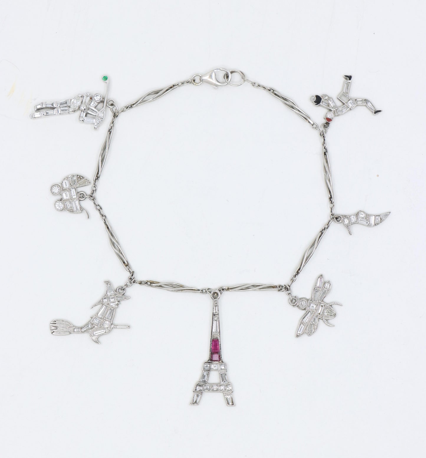 Art Deco Platinum Ruby Diamond Charm Bracelet