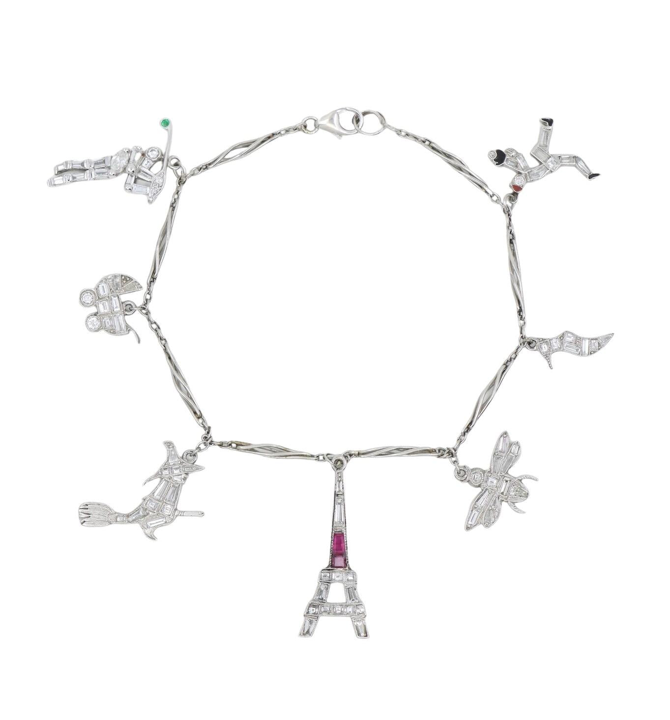 Art Deco Platinum Ruby Diamond Charm Bracelet