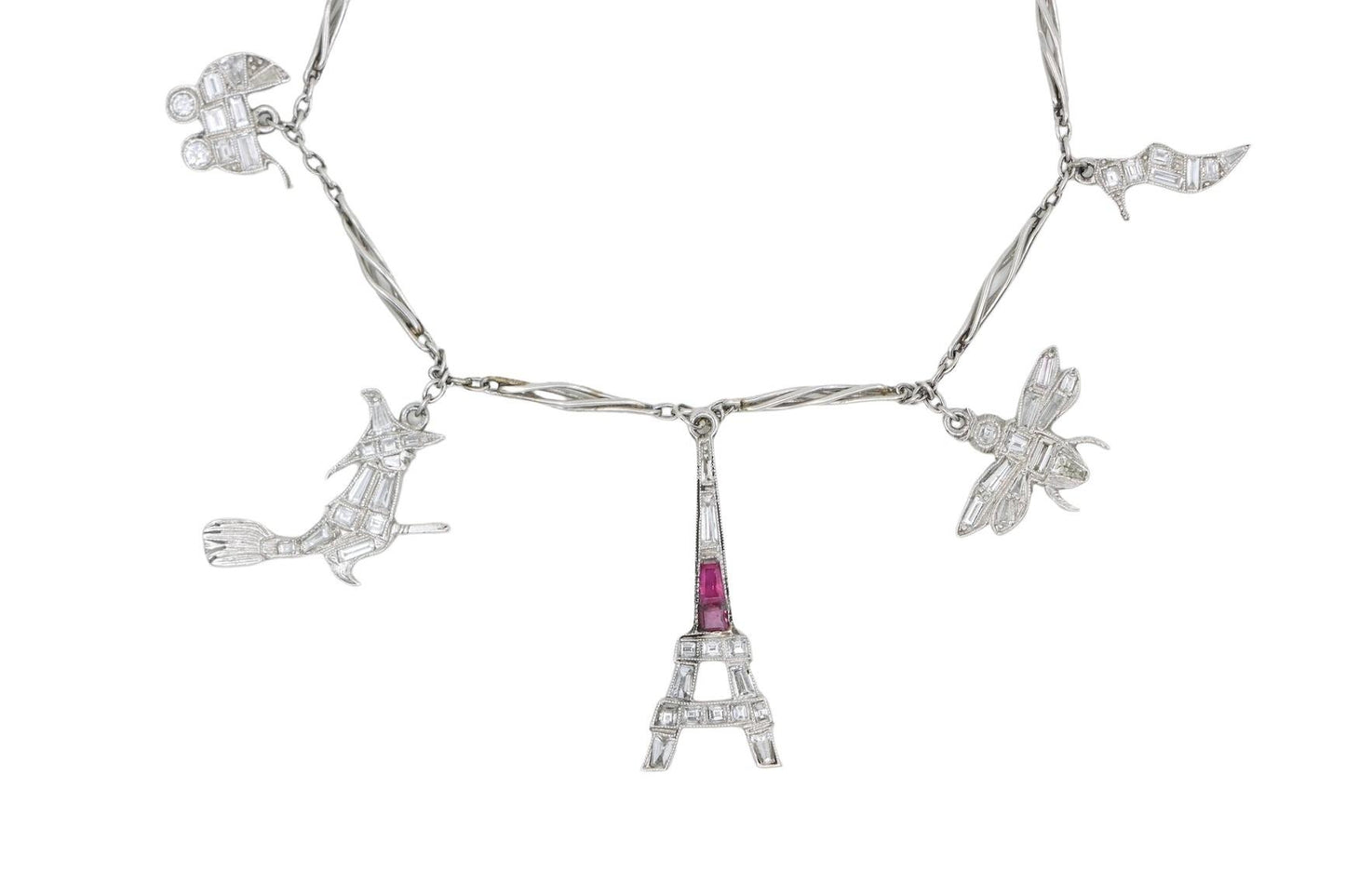 Art Deco Platinum Ruby Diamond Charm Bracelet