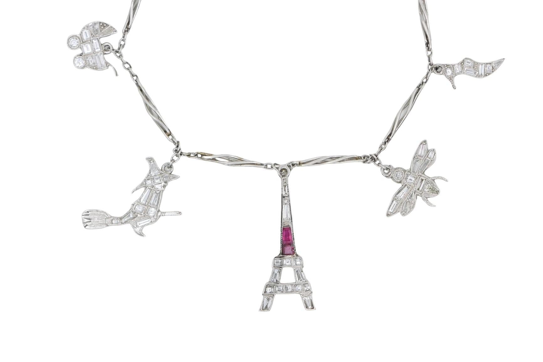 Art Deco Platinum Ruby Diamond Charm Bracelet