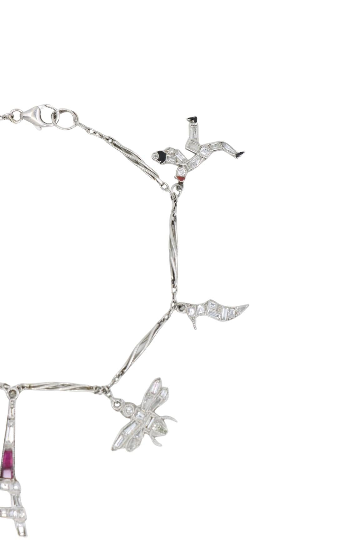 Art Deco Platinum Ruby Diamond Charm Bracelet