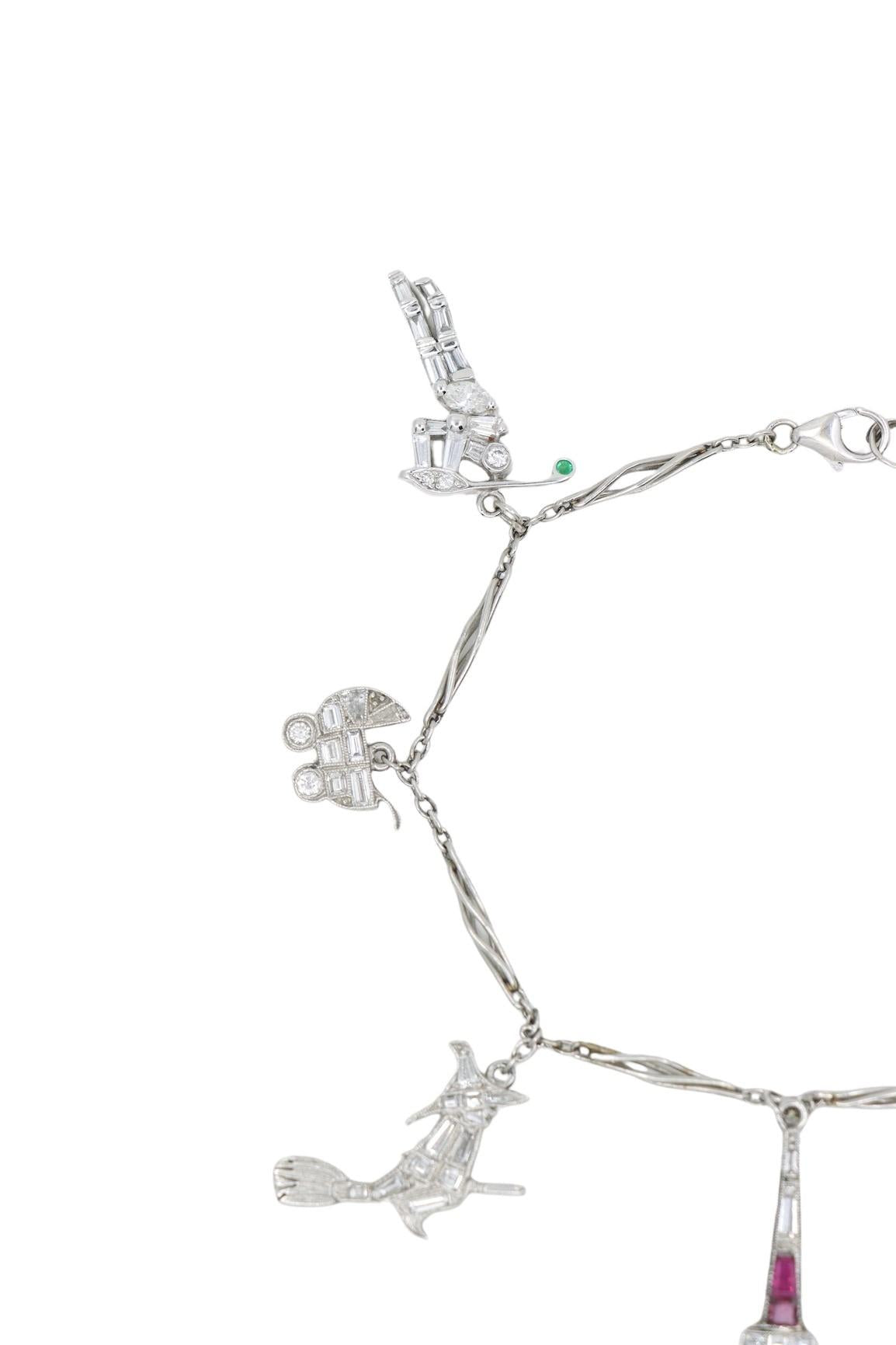 Art Deco Platinum Ruby Diamond Charm Bracelet