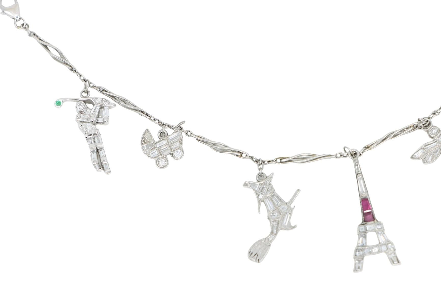 Art Deco Platinum Ruby Diamond Charm Bracelet