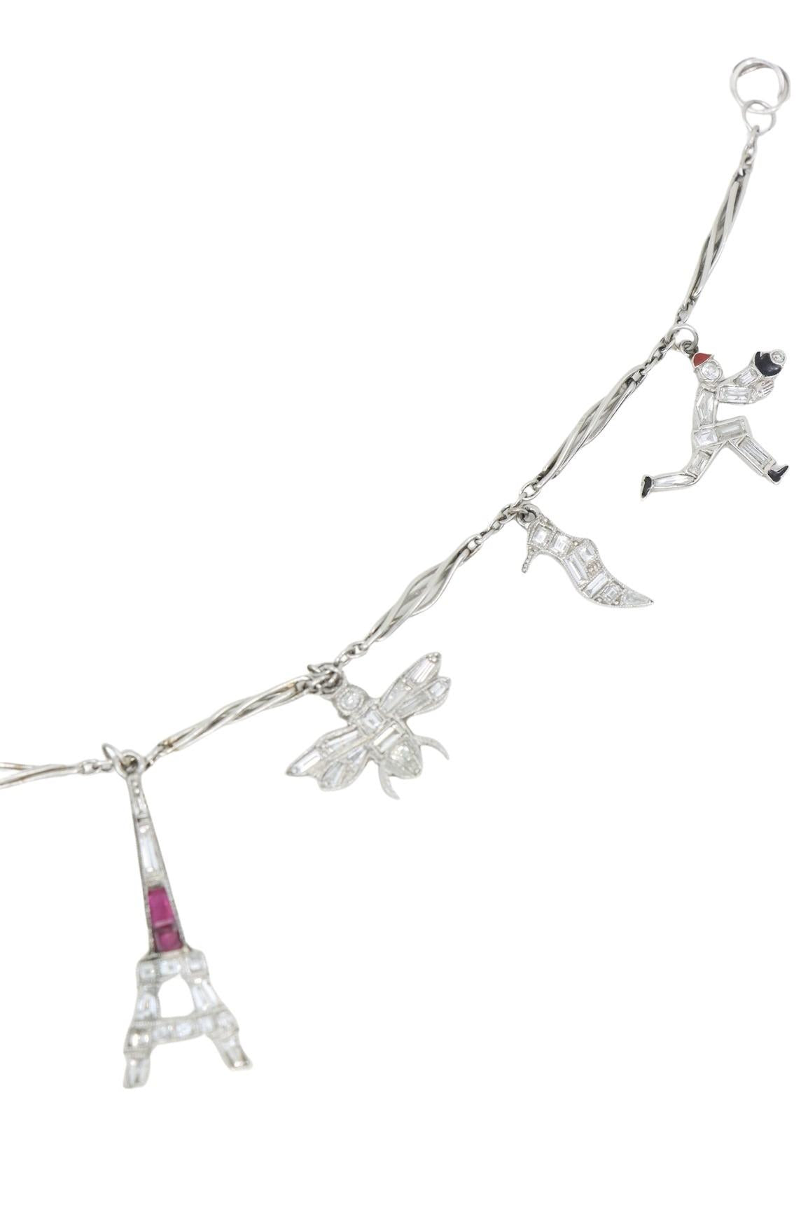 Art Deco Platinum Ruby Diamond Charm Bracelet