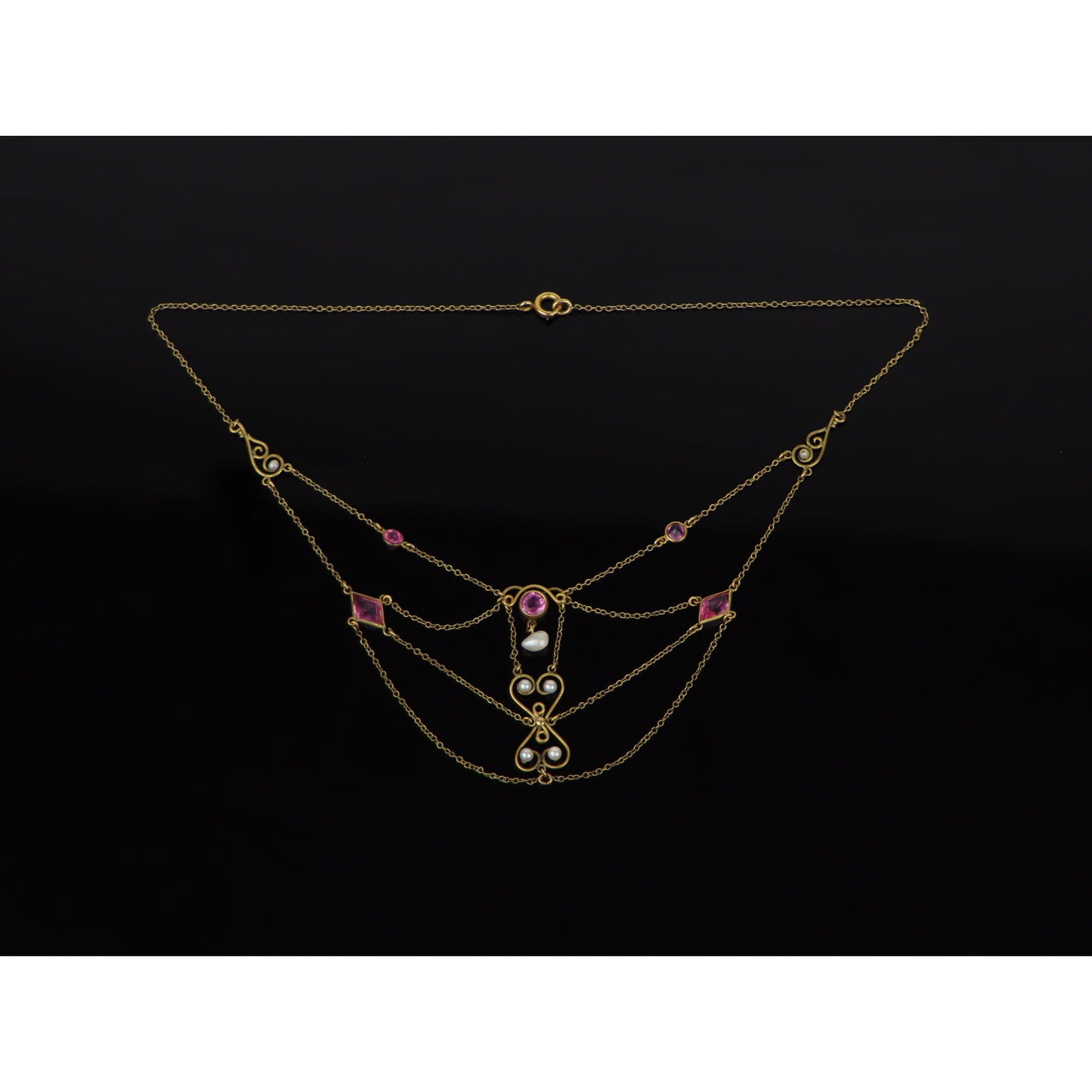 Art Nouveau Pink Topaz & Pearl Swag Necklace