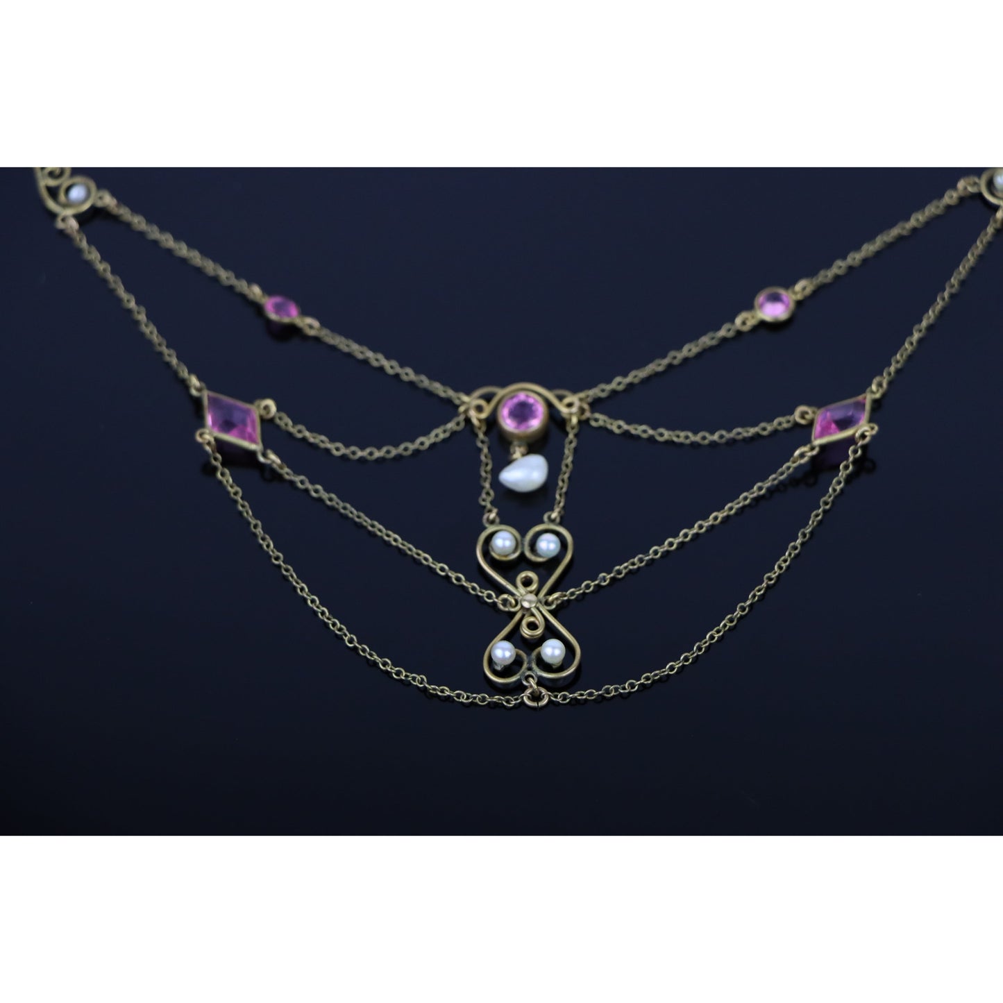 Art Nouveau Pink Topaz & Pearl Swag Necklace